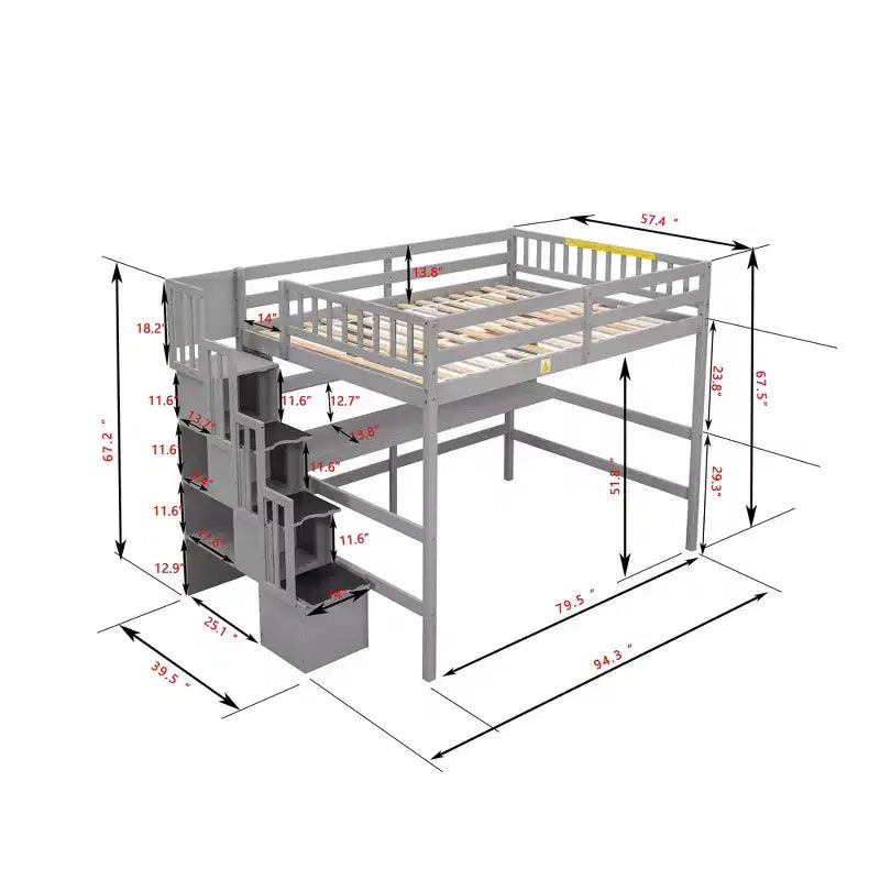 Bellemave Full?Loft Bed with Desk and Storage Shelves,Pine Loft Bed Frame with Storage Stairs for Boys and Girls,No Box Spring Needed,Grey