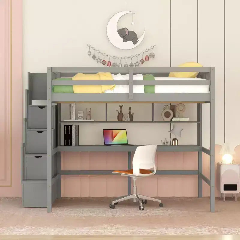 Bellemave Full?Loft Bed with Desk and Storage Shelves,Pine Loft Bed Frame with Storage Stairs for Boys and Girls,No Box Spring Needed,Grey
