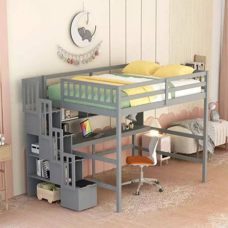 Bellemave Full?Loft Bed with Desk and Storage Shelves,Pine Loft Bed Frame with Storage Stairs for Boys and Girls,No Box Spring Needed,Grey