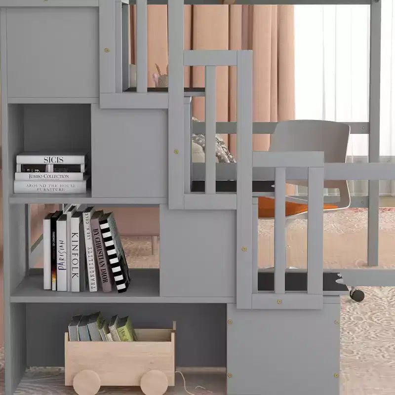 Bellemave Full?Loft Bed with Desk and Storage Shelves,Pine Loft Bed Frame with Storage Stairs for Boys and Girls,No Box Spring Needed,Grey