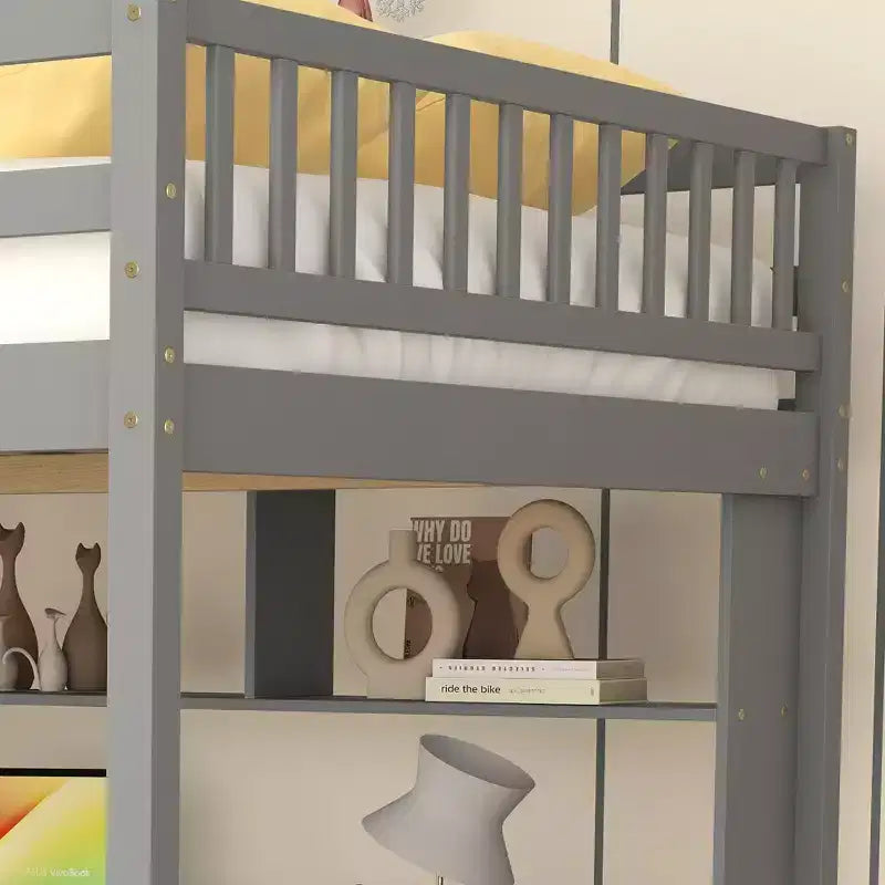 Bellemave Full?Loft Bed with Desk and Storage Shelves,Pine Loft Bed Frame with Storage Stairs for Boys and Girls,No Box Spring Needed,Grey
