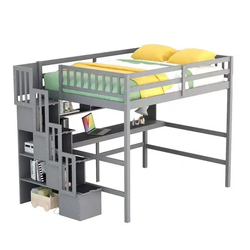 Bellemave Full?Loft Bed with Desk and Storage Shelves,Pine Loft Bed Frame with Storage Stairs for Boys and Girls,No Box Spring Needed,Grey