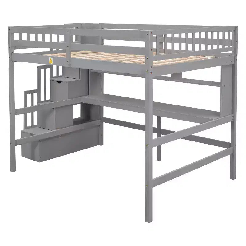 Bellemave Full?Loft Bed with Desk and Storage Shelves,Pine Loft Bed Frame with Storage Stairs for Boys and Girls,No Box Spring Needed,Grey