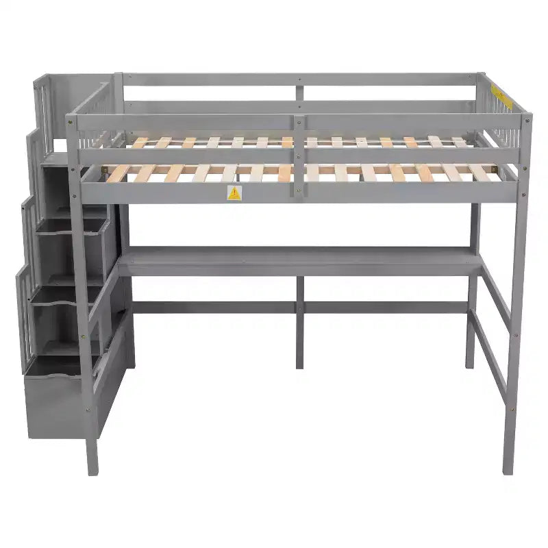 Bellemave Full?Loft Bed with Desk and Storage Shelves,Pine Loft Bed Frame with Storage Stairs for Boys and Girls,No Box Spring Needed,Grey