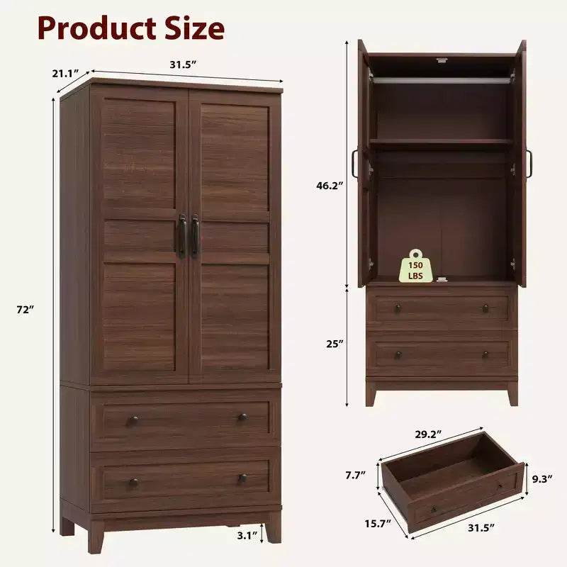 Wooden Armoire Wardrobe Closet with 2 Drawers, 72''H Clothing Storage Cabinet with Hanging Rod, Armoire Clothes Organizer for Bedroom, Laundry Room