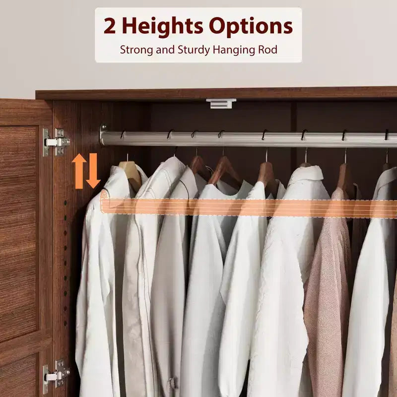 Wooden Armoire Wardrobe Closet with 2 Drawers, 72''H Clothing Storage Cabinet with Hanging Rod, Armoire Clothes Organizer for Bedroom, Laundry Room
