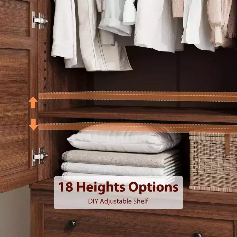 Wooden Armoire Wardrobe Closet with 2 Drawers, 72''H Clothing Storage Cabinet with Hanging Rod, Armoire Clothes Organizer for Bedroom, Laundry Room