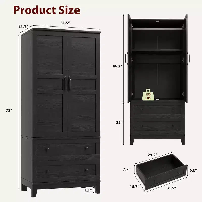 Wooden Armoire Wardrobe Closet with 2 Drawers, 72''H Clothing Storage Cabinet with Hanging Rod, Armoire Clothes Organizer for Bedroom, Laundry Room