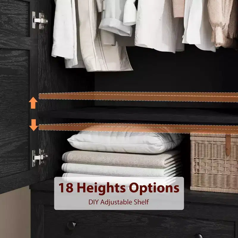 Wooden Armoire Wardrobe Closet with 2 Drawers, 72''H Clothing Storage Cabinet with Hanging Rod, Armoire Clothes Organizer for Bedroom, Laundry Room