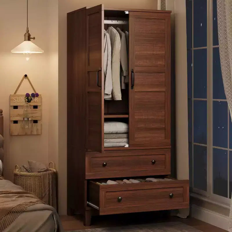 Wooden Armoire Wardrobe Closet with 2 Drawers, 72''H Clothing Storage Cabinet with Hanging Rod, Armoire Clothes Organizer for Bedroom, Laundry Room