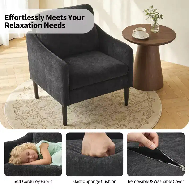 Mid-Century Modern Accent Chair, 5.5 Thick Seat Cushion Chenille Fabric Curved Armchair, Comfy Single Sofa Chair for Bedroom, Living Room, Office