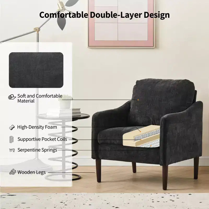 Mid-Century Modern Accent Chair, 5.5 Thick Seat Cushion Chenille Fabric Curved Armchair, Comfy Single Sofa Chair for Bedroom, Living Room, Office