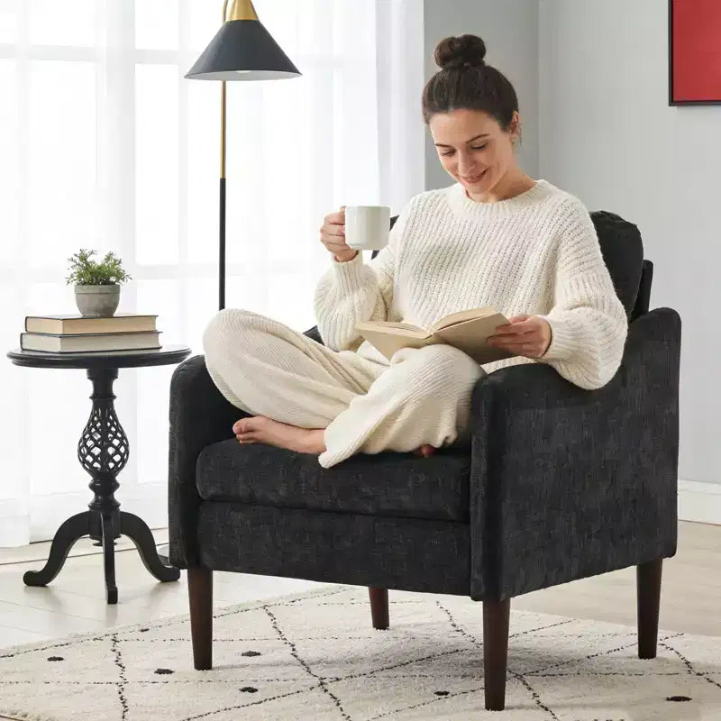 Mid-Century Modern Accent Chair, 5.5 Thick Seat Cushion Chenille Fabric Curved Armchair, Comfy Single Sofa Chair for Bedroom, Living Room, Office