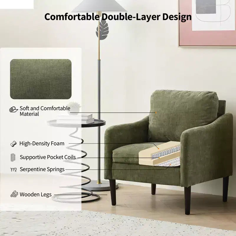 Mid-Century Modern Accent Chair, 5.5 Thick Seat Cushion Chenille Fabric Curved Armchair, Comfy Single Sofa Chair for Bedroom, Living Room, Office