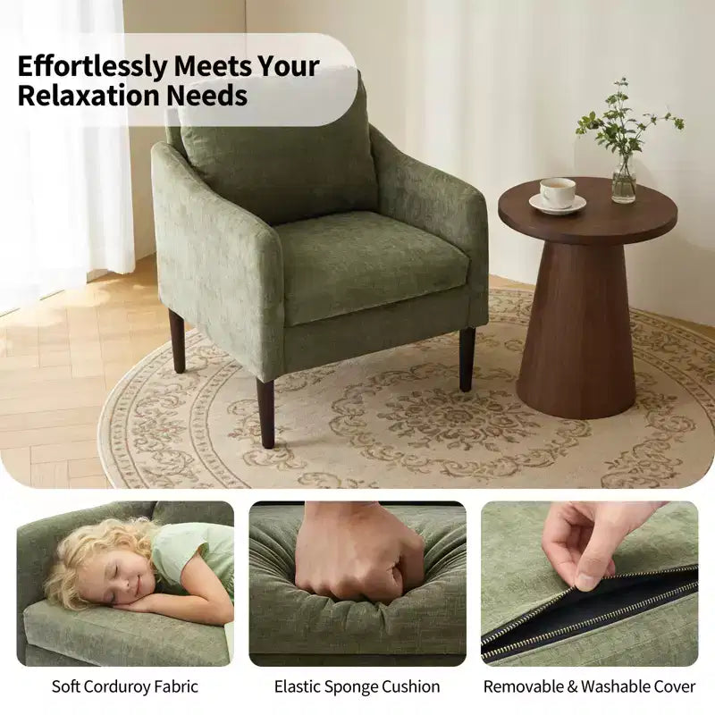 Mid-Century Modern Accent Chair, 5.5 Thick Seat Cushion Chenille Fabric Curved Armchair, Comfy Single Sofa Chair for Bedroom, Living Room, Office