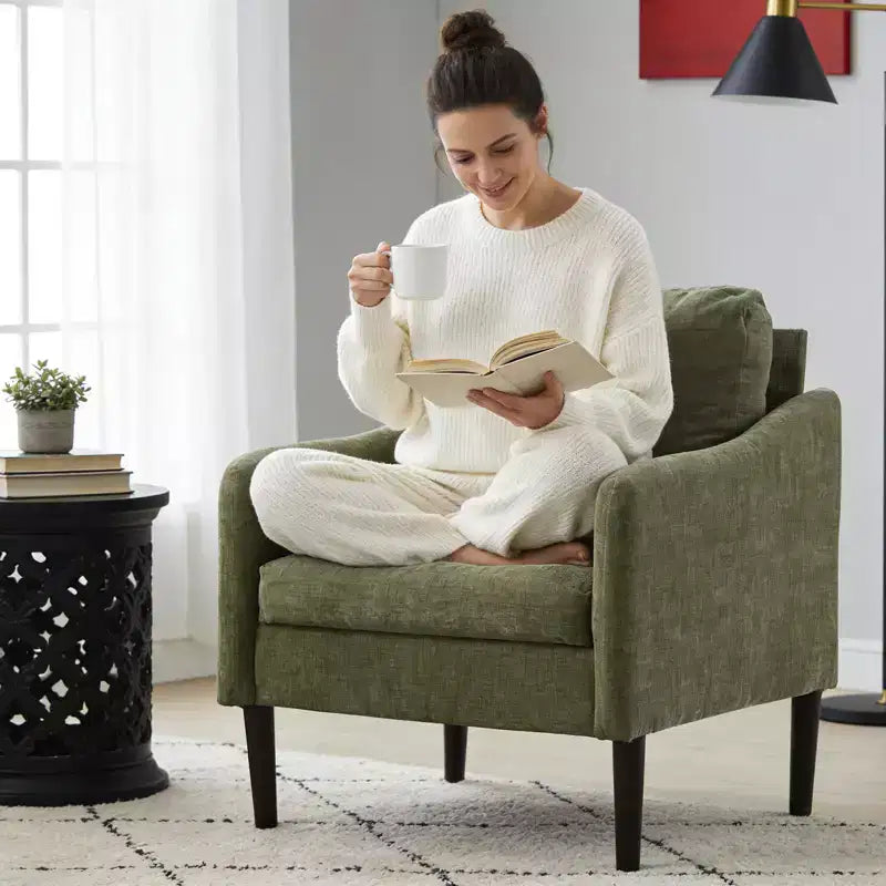 Mid-Century Modern Accent Chair, 5.5 Thick Seat Cushion Chenille Fabric Curved Armchair, Comfy Single Sofa Chair for Bedroom, Living Room, Office
