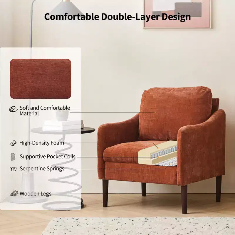 Mid-Century Modern Accent Chair, 5.5 Thick Seat Cushion Chenille Fabric Curved Armchair, Comfy Single Sofa Chair for Bedroom, Living Room, Office