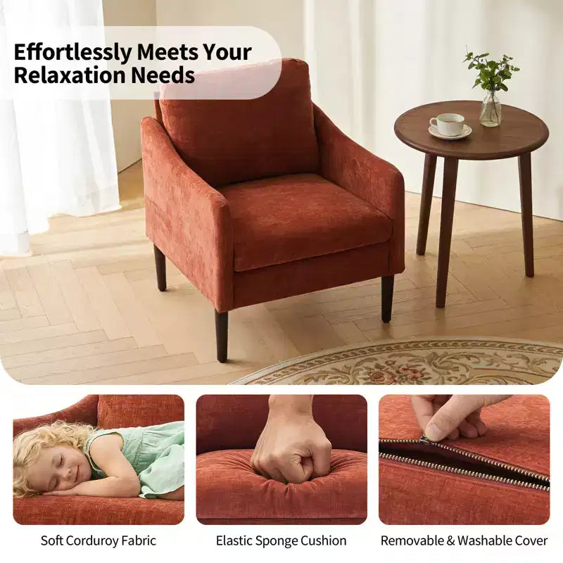 Mid-Century Modern Accent Chair, 5.5 Thick Seat Cushion Chenille Fabric Curved Armchair, Comfy Single Sofa Chair for Bedroom, Living Room, Office
