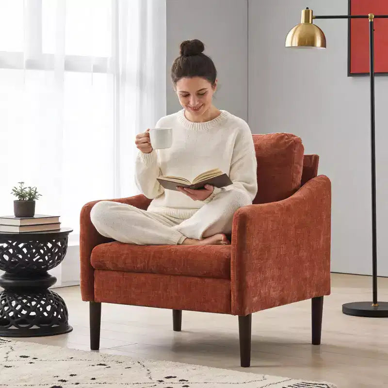 Mid-Century Modern Accent Chair, 5.5 Thick Seat Cushion Chenille Fabric Curved Armchair, Comfy Single Sofa Chair for Bedroom, Living Room, Office