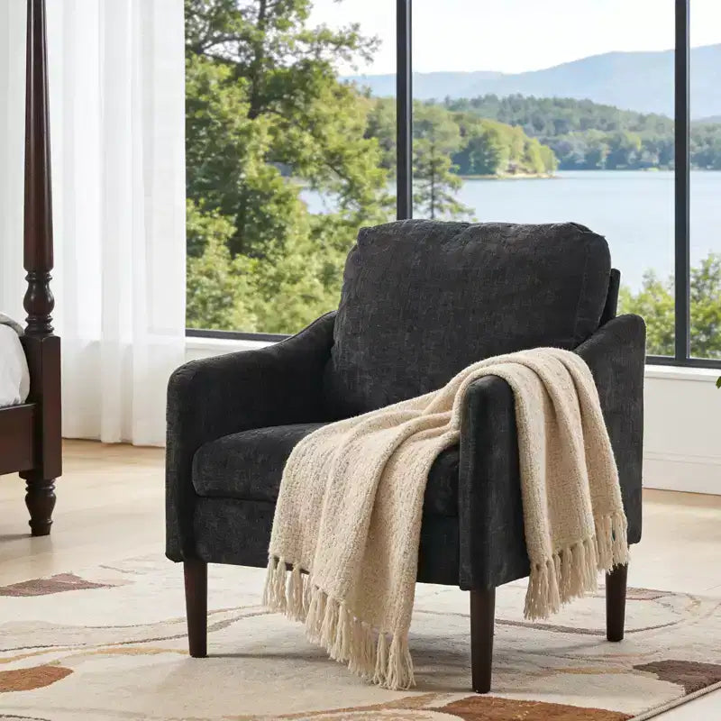Mid-Century Modern Accent Chair, 5.5 Thick Seat Cushion Chenille Fabric Curved Armchair, Comfy Single Sofa Chair for Bedroom, Living Room, Office