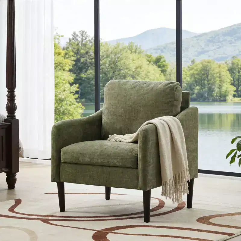 Mid-Century Modern Accent Chair, 5.5 Thick Seat Cushion Chenille Fabric Curved Armchair, Comfy Single Sofa Chair for Bedroom, Living Room, Office