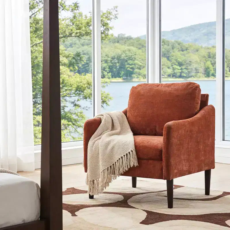Mid-Century Modern Accent Chair, 5.5 Thick Seat Cushion Chenille Fabric Curved Armchair, Comfy Single Sofa Chair for Bedroom, Living Room, Office