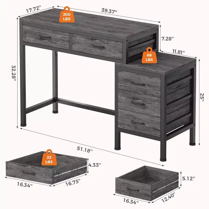 JIONJOY 51 Computer Desk with 5 Drawers & Printer Stand, Home Office Writing Desk for Study, Bedroom & Living Room