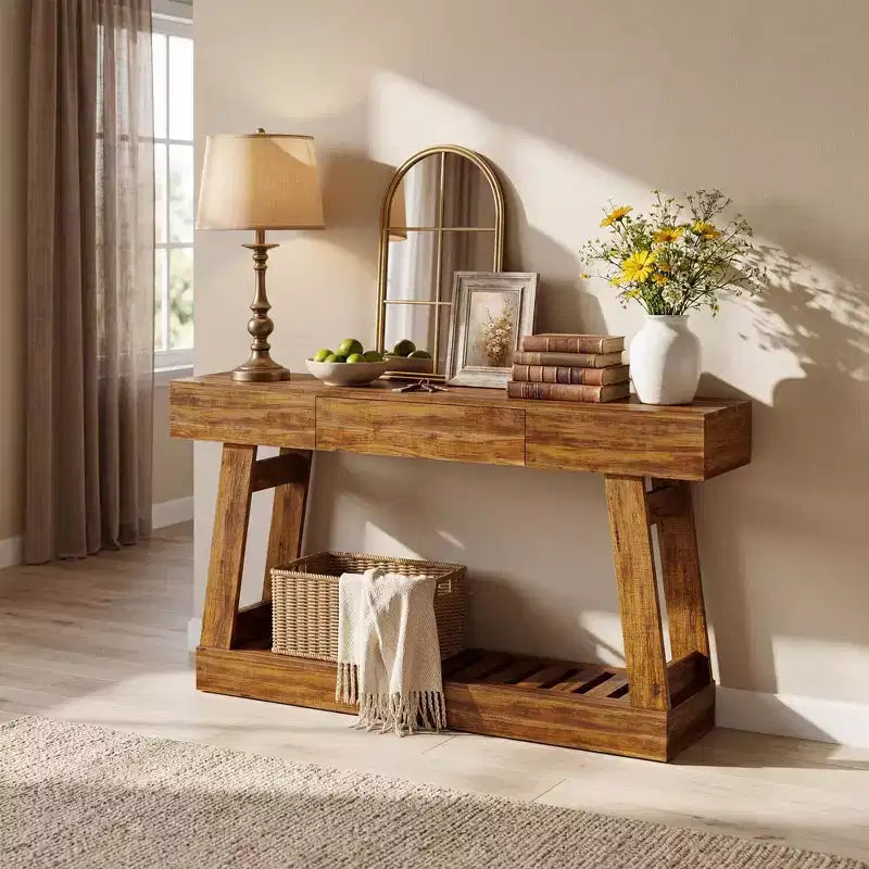 Farmhouse 60 Entryway Table with Drawer, Rustic Narrow Console Table, Wood Frame Sofa Table with Bottom Storage Shelf for Hallway, Behind Couch