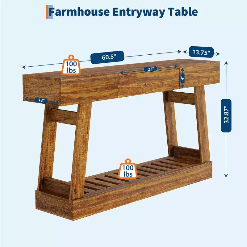 Farmhouse 60 Entryway Table with Drawer, Rustic Narrow Console Table, Wood Frame Sofa Table with Bottom Storage Shelf for Hallway, Behind Couch