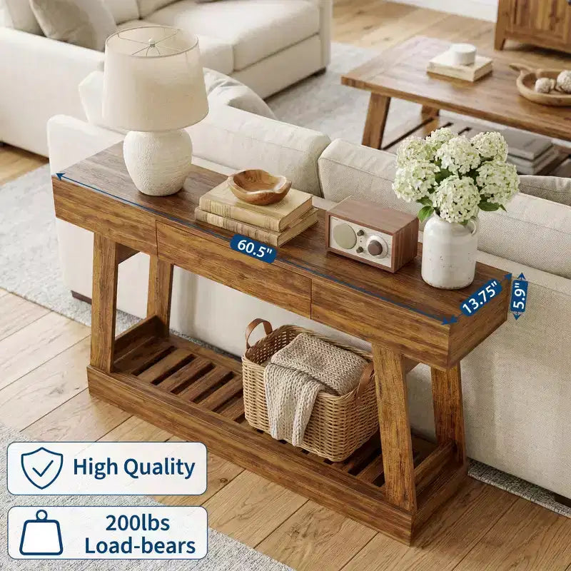 Farmhouse 60 Entryway Table with Drawer, Rustic Narrow Console Table, Wood Frame Sofa Table with Bottom Storage Shelf for Hallway, Behind Couch