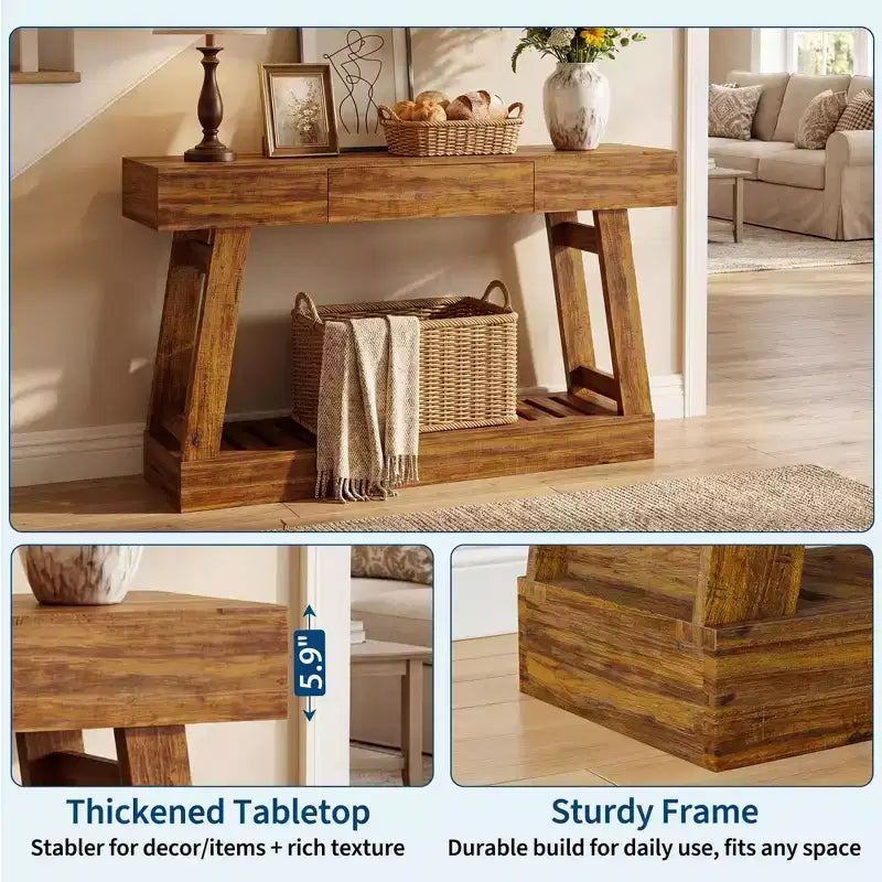 Farmhouse 60 Entryway Table with Drawer, Rustic Narrow Console Table, Wood Frame Sofa Table with Bottom Storage Shelf for Hallway, Behind Couch