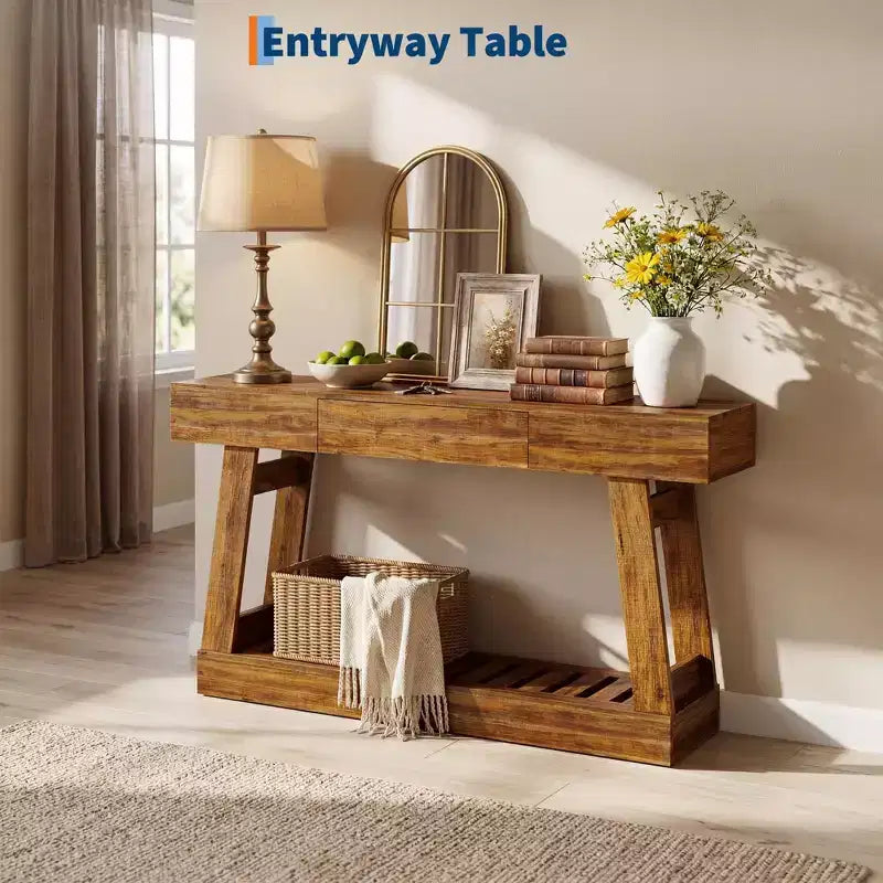 Farmhouse 60 Entryway Table with Drawer, Rustic Narrow Console Table, Wood Frame Sofa Table with Bottom Storage Shelf for Hallway, Behind Couch
