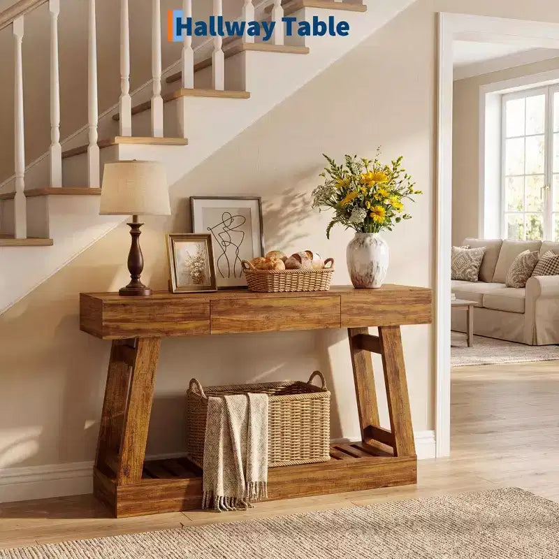 Farmhouse 60 Entryway Table with Drawer, Rustic Narrow Console Table, Wood Frame Sofa Table with Bottom Storage Shelf for Hallway, Behind Couch