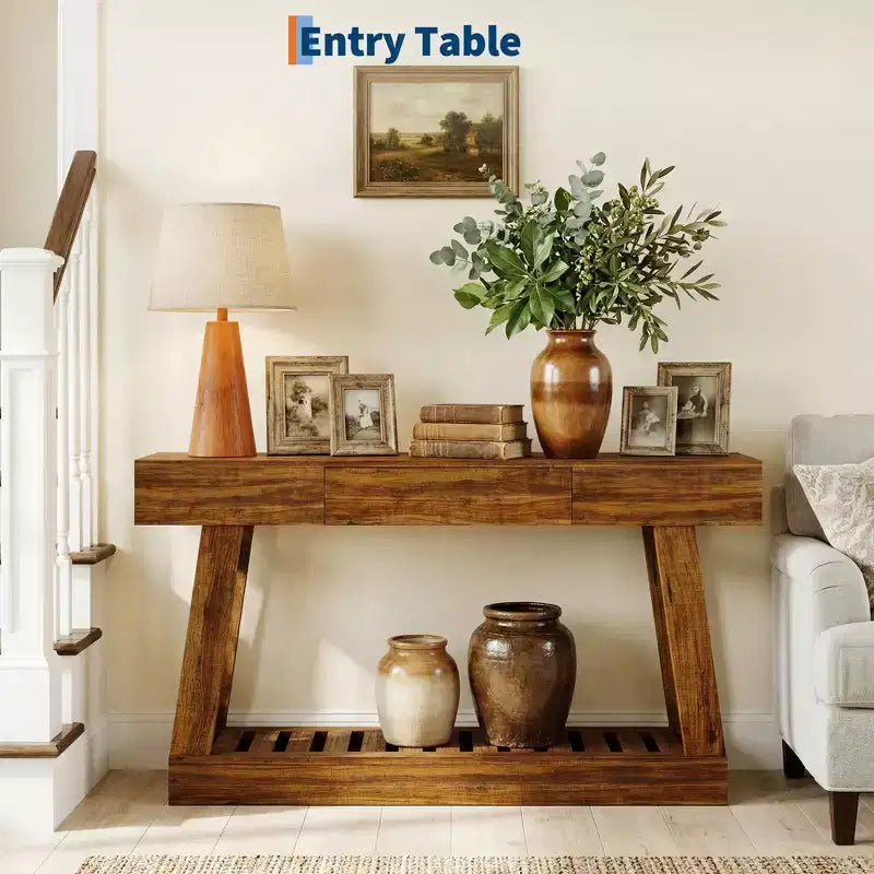 Farmhouse 60 Entryway Table with Drawer, Rustic Narrow Console Table, Wood Frame Sofa Table with Bottom Storage Shelf for Hallway, Behind Couch