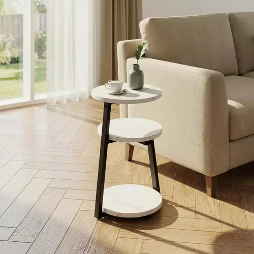 3-Tier Round Side Table with Storage, Modern White & Black End Table, Small Nightstand with Metal Frame for Bedroom Living Room Small Spaces