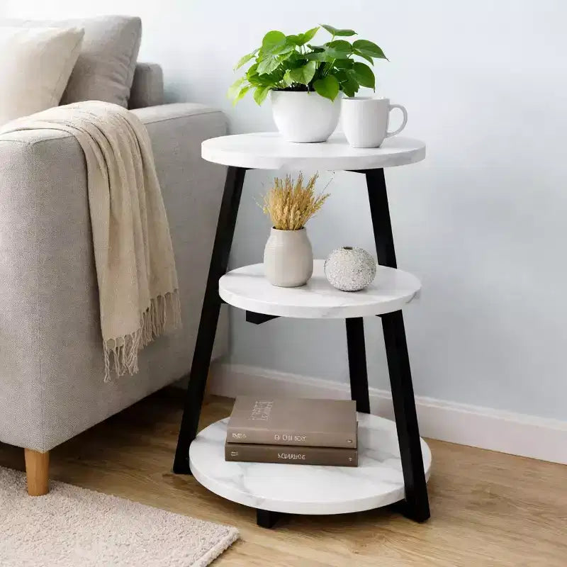 3-Tier Round Side Table with Storage, Modern White & Black End Table, Small Nightstand with Metal Frame for Bedroom Living Room Small Spaces