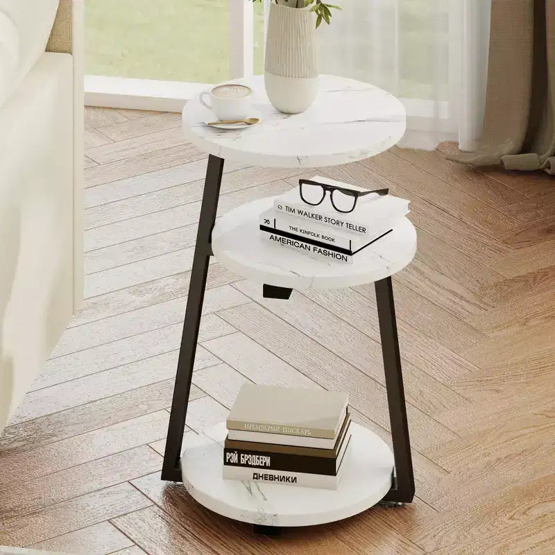 3-Tier Round Side Table with Storage, Modern White & Black End Table, Small Nightstand with Metal Frame for Bedroom Living Room Small Spaces