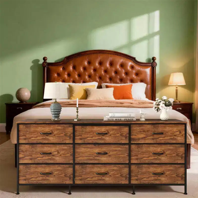 Dresser for Bedroom, Wide 9 Drawer Dresser TV Stand, Metal Frame Closet Storage Chest, Fabric Drawer Storage Cabinet Organizer