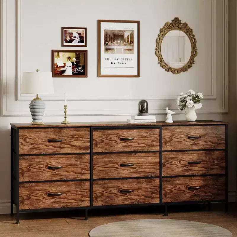 Dresser for Bedroom, Wide 9 Drawer Dresser TV Stand, Metal Frame Closet Storage Chest, Fabric Drawer Storage Cabinet Organizer