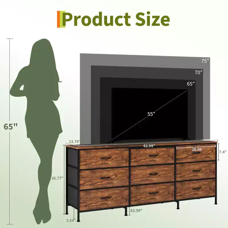 Dresser for Bedroom, Wide 9 Drawer Dresser TV Stand, Metal Frame Closet Storage Chest, Fabric Drawer Storage Cabinet Organizer
