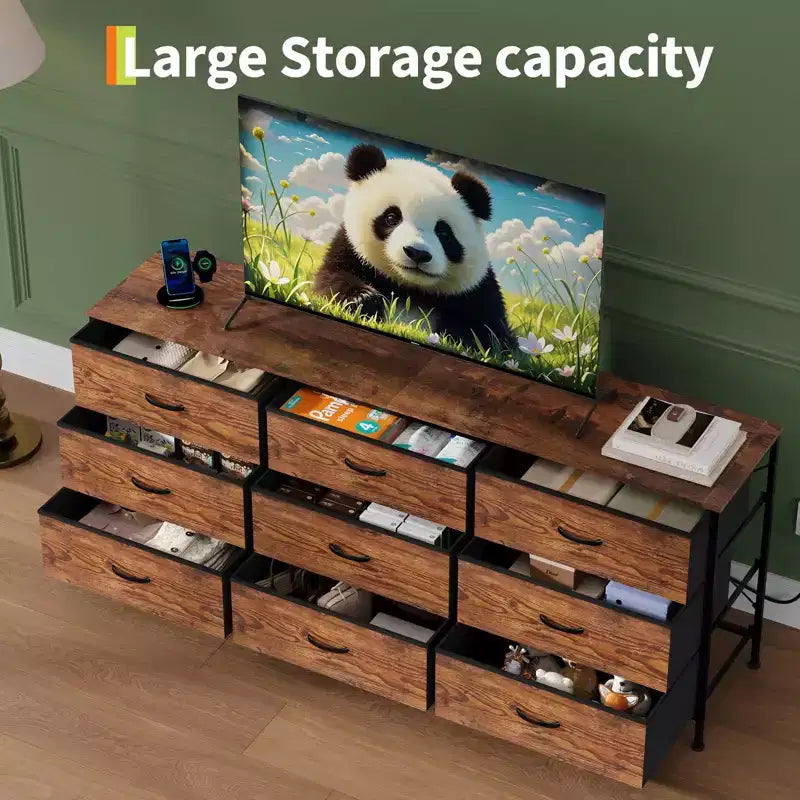 Dresser for Bedroom, Wide 9 Drawer Dresser TV Stand, Metal Frame Closet Storage Chest, Fabric Drawer Storage Cabinet Organizer
