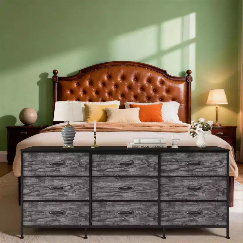 Dresser for Bedroom, Wide 9 Drawer Dresser TV Stand, Metal Frame Closet Storage Chest, Fabric Drawer Storage Cabinet Organizer