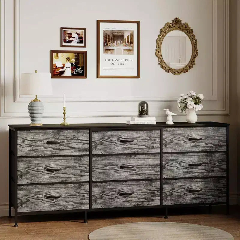 Dresser for Bedroom, Wide 9 Drawer Dresser TV Stand, Metal Frame Closet Storage Chest, Fabric Drawer Storage Cabinet Organizer