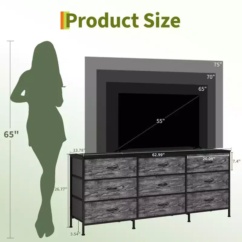 Dresser for Bedroom, Wide 9 Drawer Dresser TV Stand, Metal Frame Closet Storage Chest, Fabric Drawer Storage Cabinet Organizer