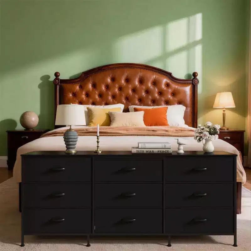 Dresser for Bedroom, Wide 9 Drawer Dresser TV Stand, Metal Frame Closet Storage Chest, Fabric Drawer Storage Cabinet Organizer