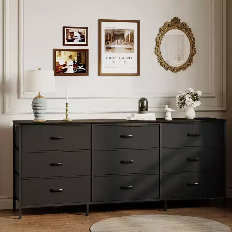 Dresser for Bedroom, Wide 9 Drawer Dresser TV Stand, Metal Frame Closet Storage Chest, Fabric Drawer Storage Cabinet Organizer