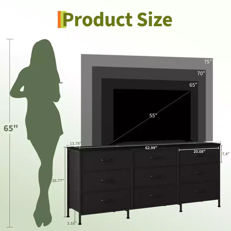 Dresser for Bedroom, Wide 9 Drawer Dresser TV Stand, Metal Frame Closet Storage Chest, Fabric Drawer Storage Cabinet Organizer