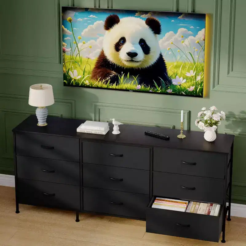 Dresser for Bedroom, Wide 9 Drawer Dresser TV Stand, Metal Frame Closet Storage Chest, Fabric Drawer Storage Cabinet Organizer