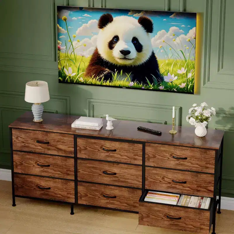 Dresser for Bedroom, Wide 9 Drawer Dresser TV Stand, Metal Frame Closet Storage Chest, Fabric Drawer Storage Cabinet Organizer