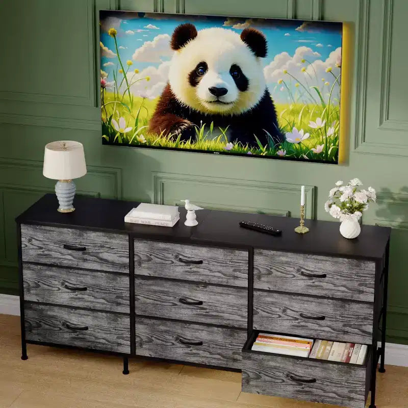 Dresser for Bedroom, Wide 9 Drawer Dresser TV Stand, Metal Frame Closet Storage Chest, Fabric Drawer Storage Cabinet Organizer